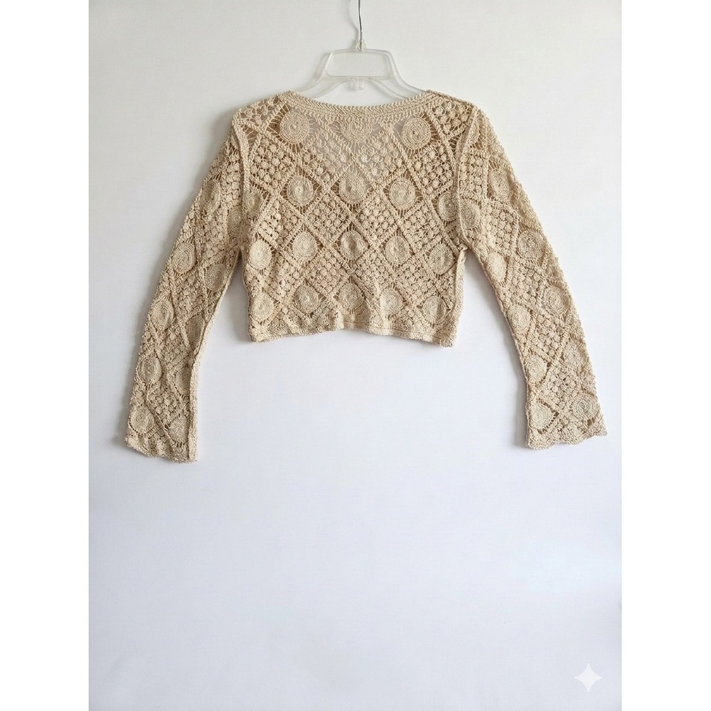 Beige Crochet V-Neck Button Crop Cardigan Sweater - Picture 2 of 7